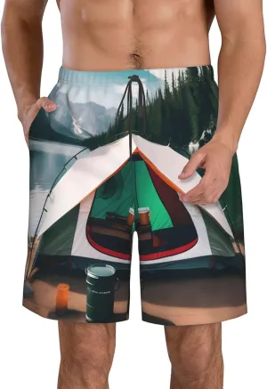 Men's Beach Shorts - Trunks with Pockets, Lake Camping Print Design, Suitable for Running, Walking, and Casual Wear