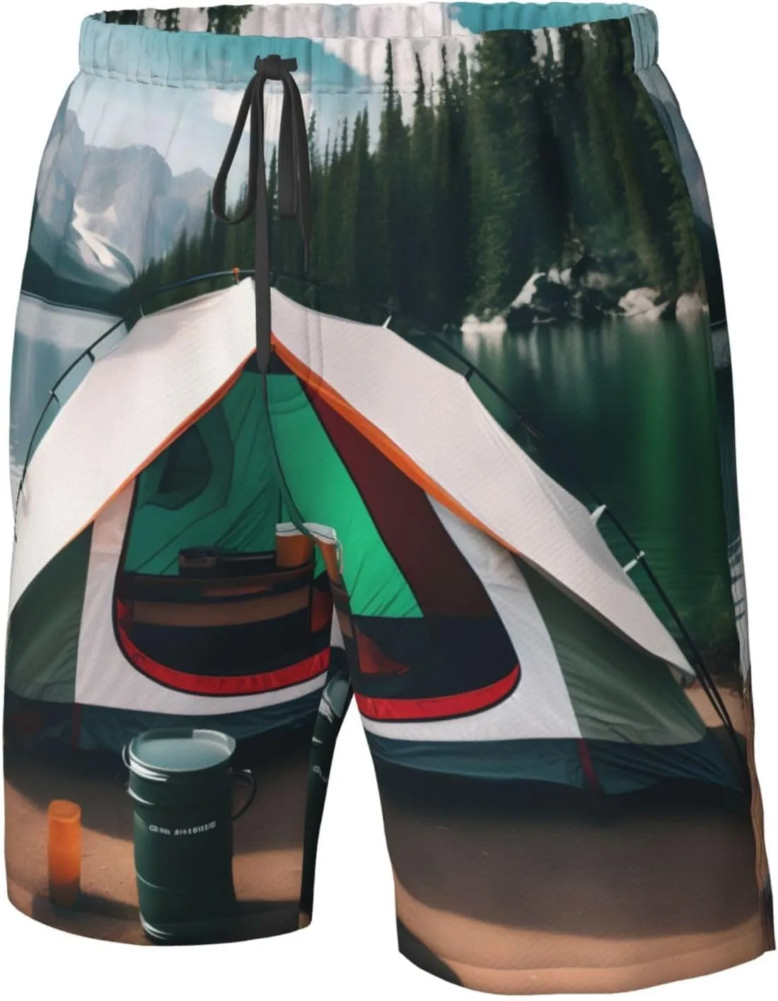 Men's Beach Shorts - Trunks with Pockets, Lake Camping Print Design, Suitable for Running, Walking, and Casual Wear