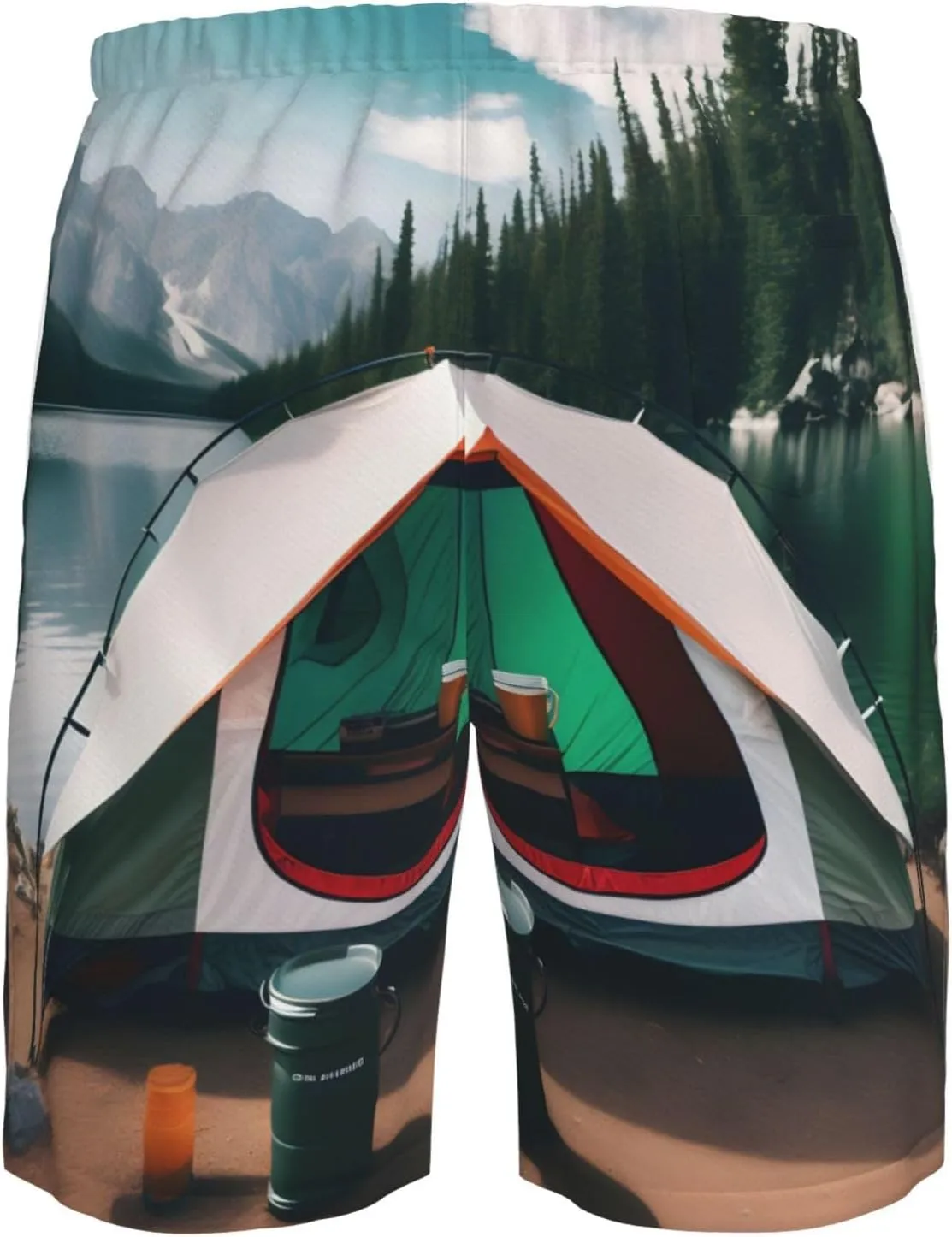 Men's Beach Shorts - Trunks with Pockets, Lake Camping Print Design, Suitable for Running, Walking, and Casual Wear