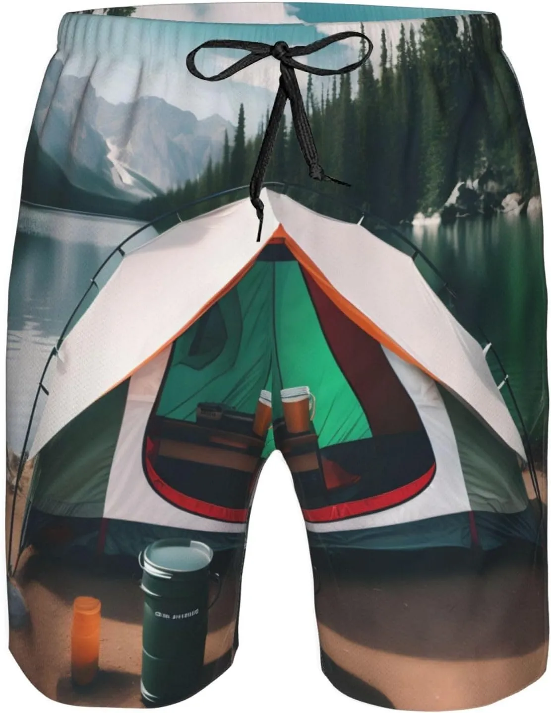 Men's Beach Shorts - Trunks with Pockets, Lake Camping Print Design, Suitable for Running, Walking, and Casual Wear