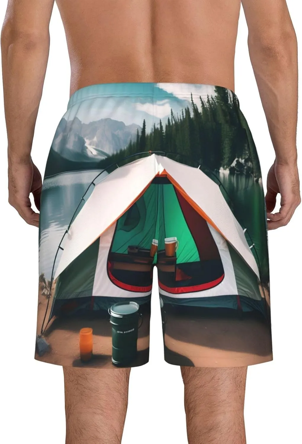 Men's Beach Shorts - Trunks with Pockets, Lake Camping Print Design, Suitable for Running, Walking, and Casual Wear