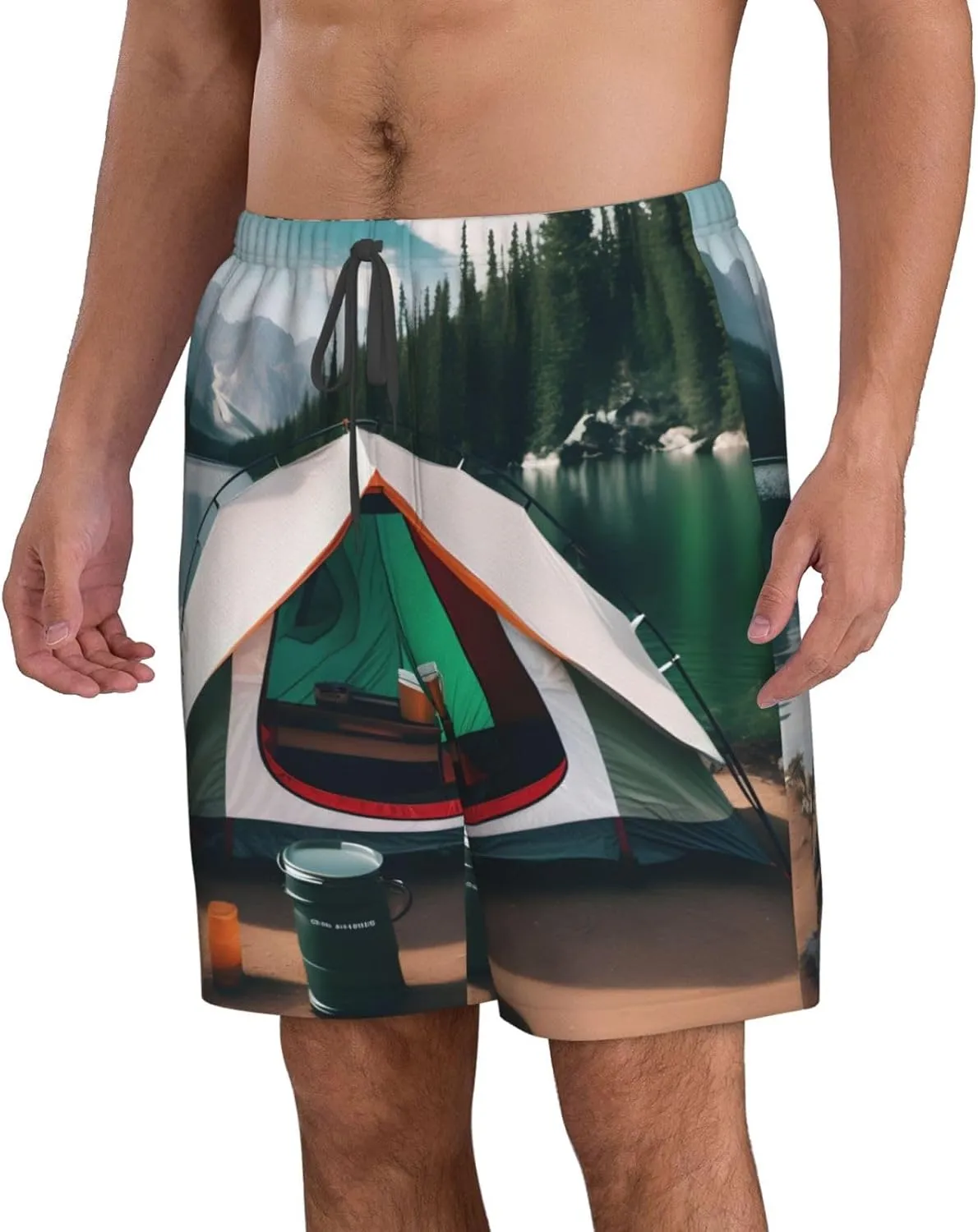 Men's Beach Shorts - Trunks with Pockets, Lake Camping Print Design, Suitable for Running, Walking, and Casual Wear