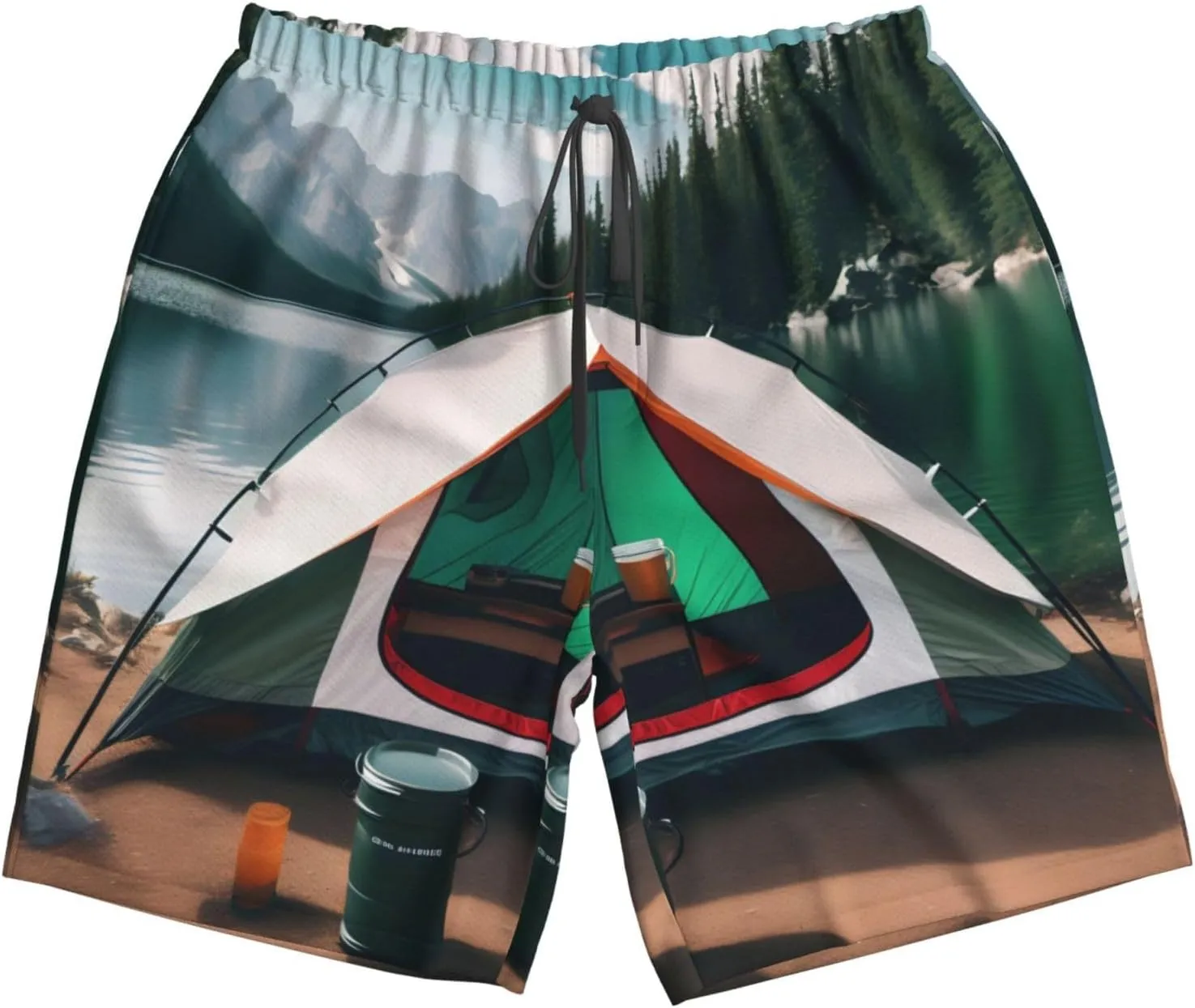 Men's Beach Shorts - Trunks with Pockets, Lake Camping Print Design, Suitable for Running, Walking, and Casual Wear