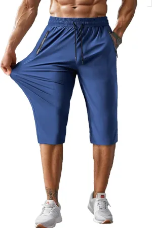 Men's Capri Pants 3/4 Long Jogger Sport Shorts,Workout/Gym/Yoga/Beach Shorts Quick Dry with Zipper Pockets