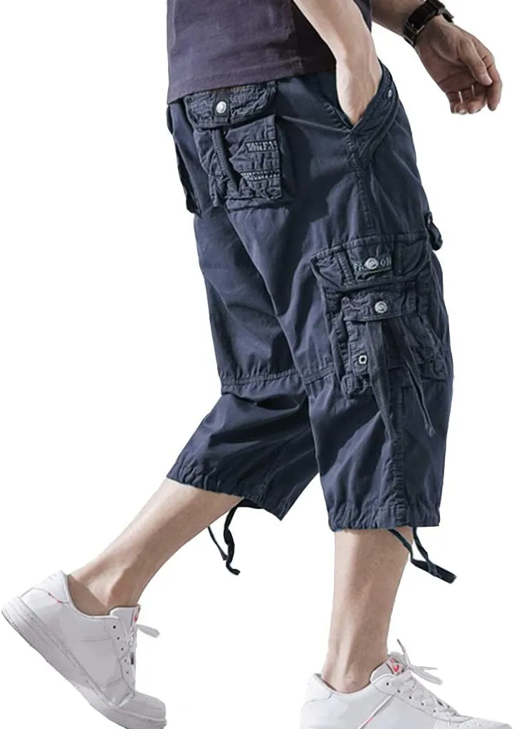 Men’s Cargo Shorts 3/4 Relaxed Fit Below Knee Capri Cargo Pants Cotton