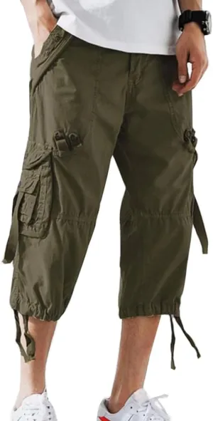 Men’s Cargo Shorts 3/4 Relaxed Fit Below Knee Capri Cargo Pants Cotton