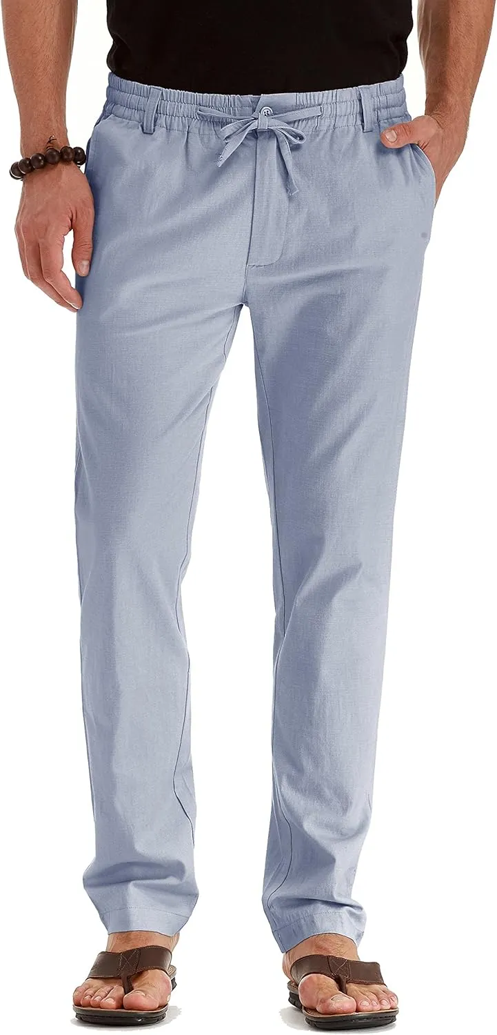 Mens Casual Linen Pants Loose Fit Elastic Drawstring Waist Summer Yoga Beach Trousers