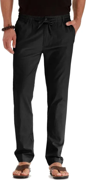 Mens Casual Linen Pants Loose Fit Elastic Drawstring Waist Summer Yoga Beach Trousers
