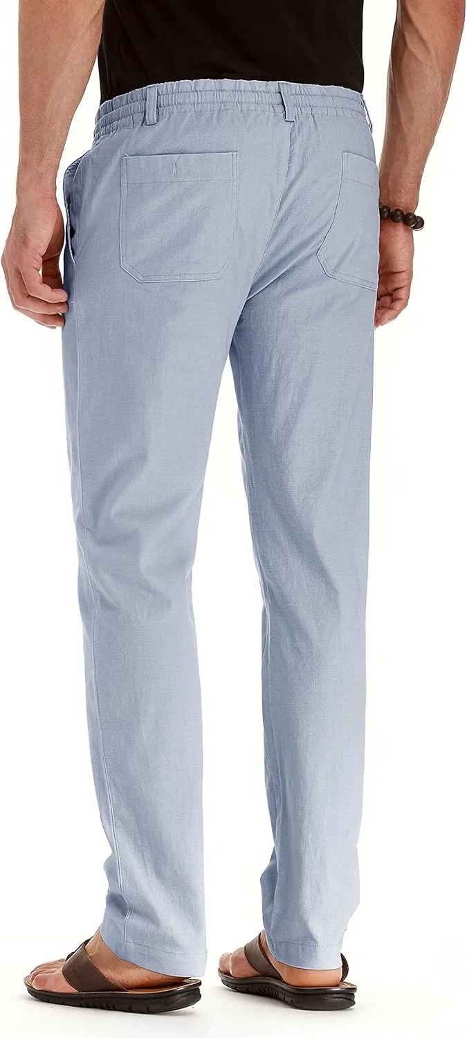 Mens Casual Linen Pants Loose Fit Elastic Drawstring Waist Summer Yoga Beach Trousers