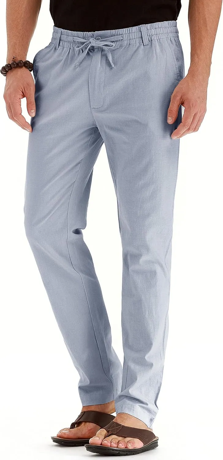Mens Casual Linen Pants Loose Fit Elastic Drawstring Waist Summer Yoga Beach Trousers