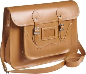 Men's Classic Handmade Leather Satchel Brogue Design Large Tan