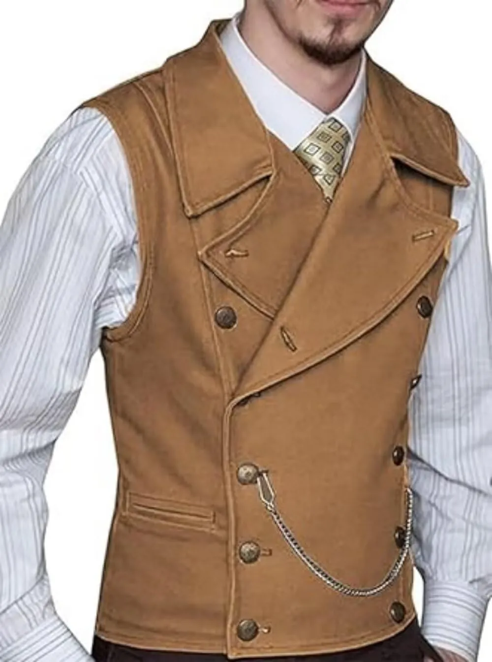 Mens Double Breasted Suit Vest Classic Suede Leather Waistcoat with Big Lapel for Wedding Groomsmen