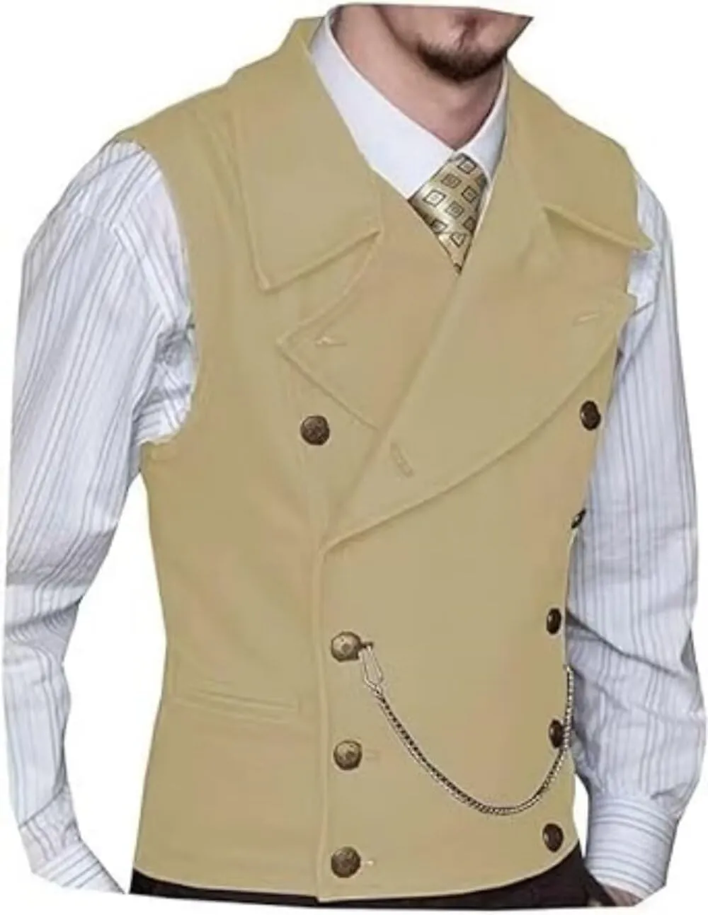 Mens Double Breasted Suit Vest Classic Suede Leather Waistcoat with Big Lapel for Wedding Groomsmen
