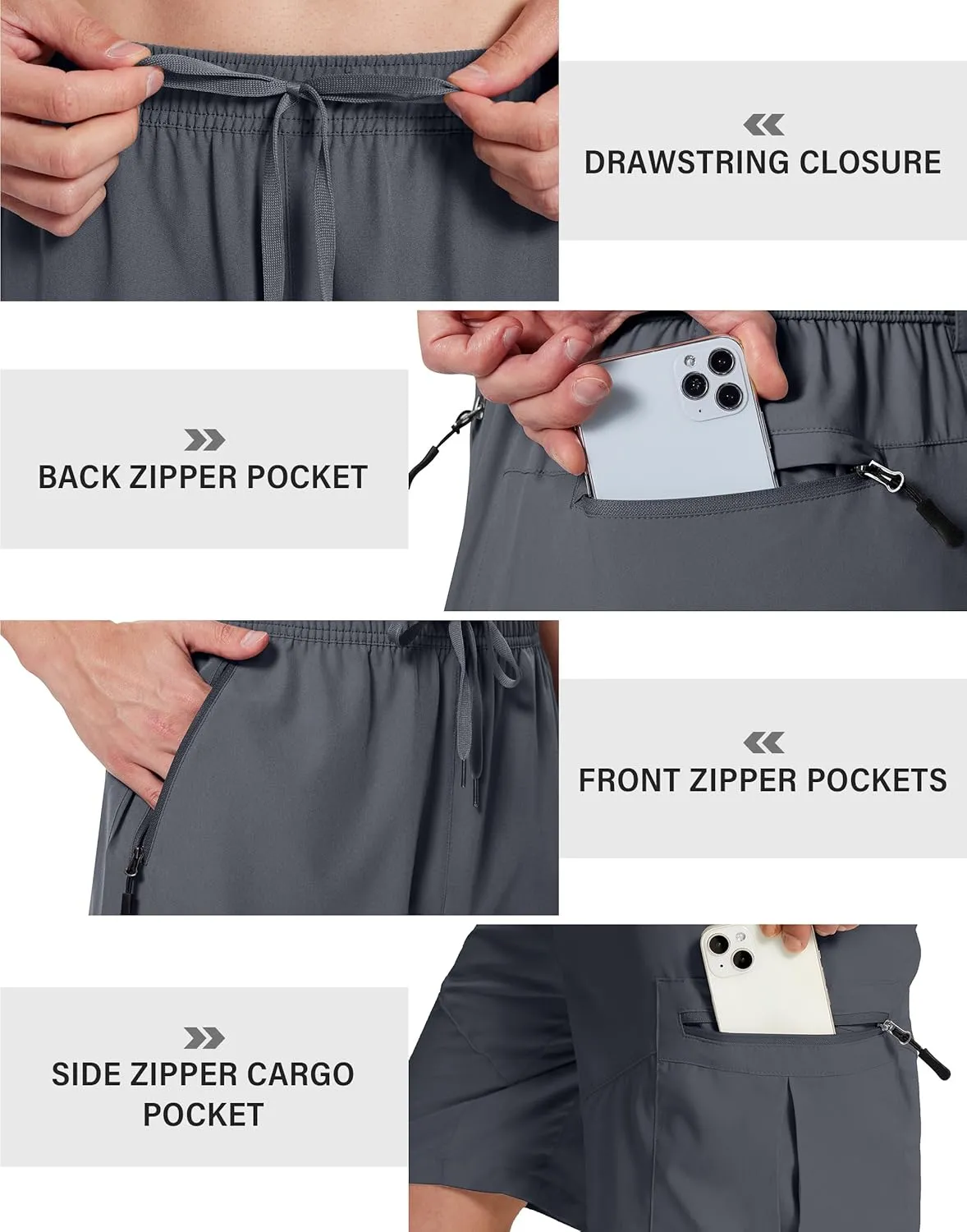 Mens Hiking Cargo Shorts 9 Inch with Zipper Pockets Quick Dry Stretch Lightweight Drawstring for Outdoor Fishing
