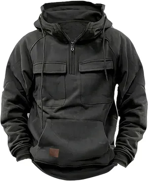 Mens Hoodies Graphic Design Quarter-Zip Drawstring Cargo Tactical Sweatshirts Fashion Long Sleeve Hooded Pullover