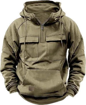 Mens Hoodies Graphic Design Quarter-Zip Drawstring Cargo Tactical Sweatshirts Fashion Long Sleeve Hooded Pullover