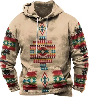 Mens Sweatshirt Hoodie Design Ethnic Print Graphic Tee Shirts Loose Drawstring Western Aztec Ethnic Hood Pullover
