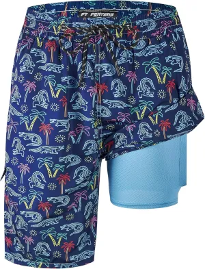 Mens Swim Trunks 9" Board Shorts with Compression Liner Swimsuit Built-in Bathing Suit Quick Dry Swimwear Zipper Pocket