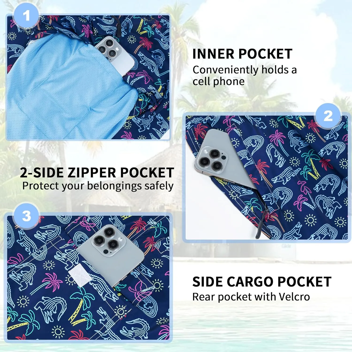 Mens Swim Trunks 9" Board Shorts with Compression Liner Swimsuit Built-in Bathing Suit Quick Dry Swimwear Zipper Pocket