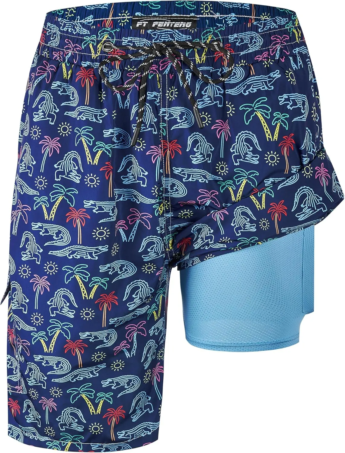 Mens Swim Trunks 9" Board Shorts with Compression Liner Swimsuit Built-in Bathing Suit Quick Dry Swimwear Zipper Pocket