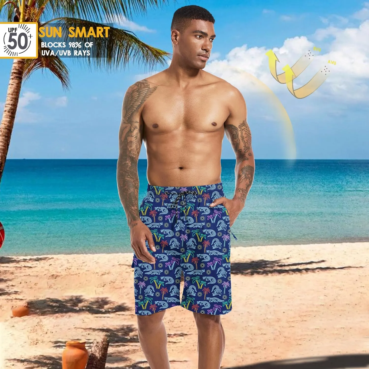 Mens Swim Trunks 9" Board Shorts with Compression Liner Swimsuit Built-in Bathing Suit Quick Dry Swimwear Zipper Pocket