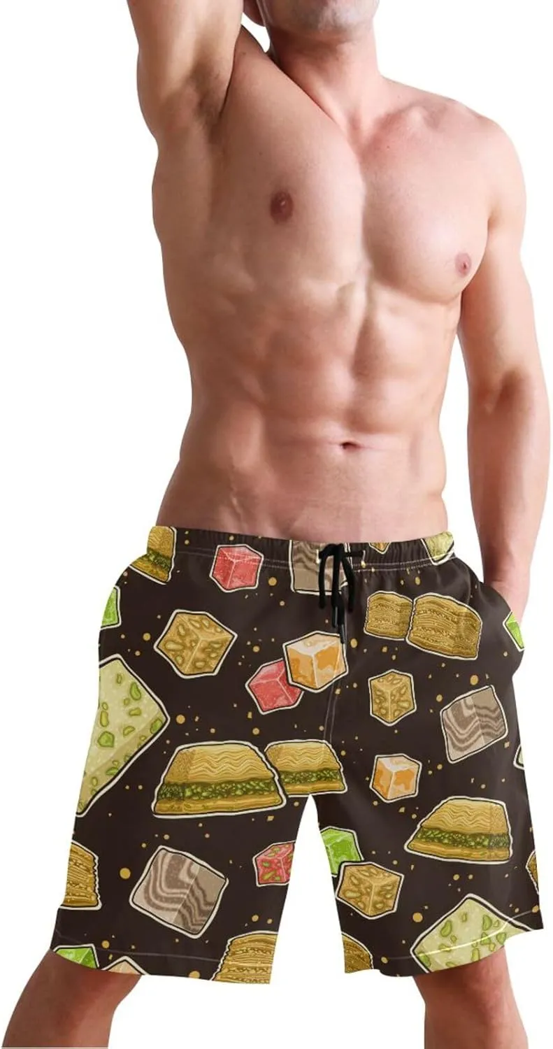 Men's Swim Trunks Quick Dry Swimming Shorts with Pocket Delicious Sweet Treats Pattern Swimsuit Trunks