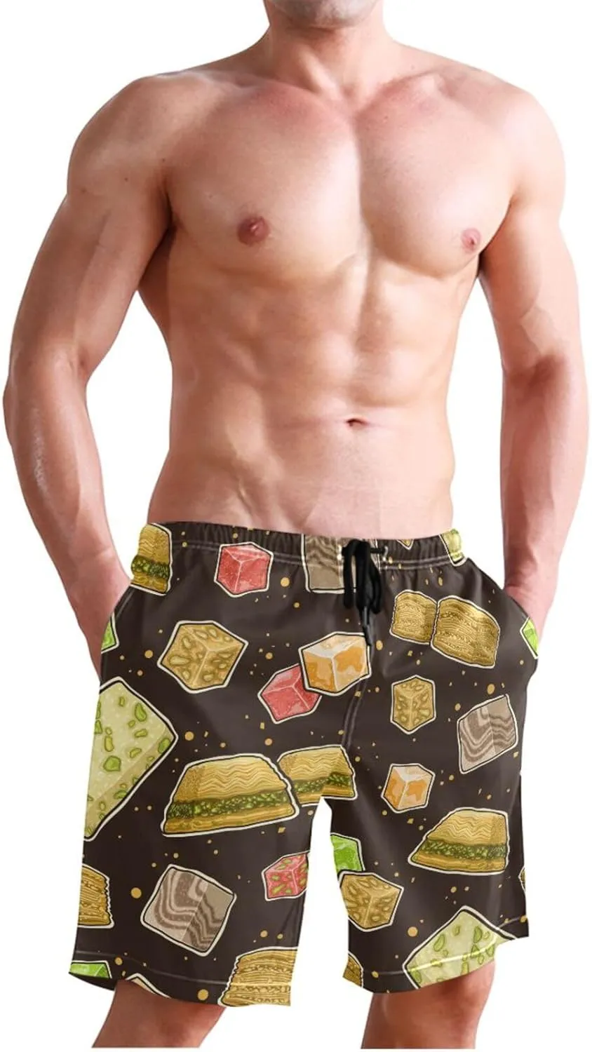 Men's Swim Trunks Quick Dry Swimming Shorts with Pocket Delicious Sweet Treats Pattern Swimsuit Trunks