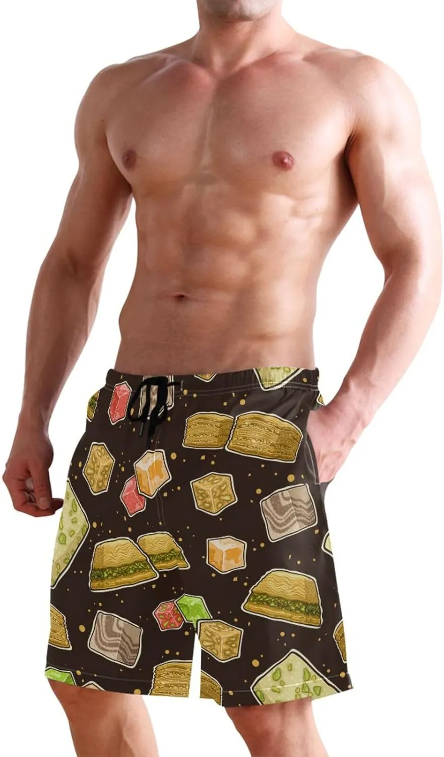 Men's Swim Trunks Quick Dry Swimming Shorts with Pocket Delicious Sweet Treats Pattern Swimsuit Trunks
