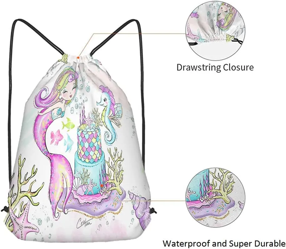 Mermaid Drawstring Bags Backpack Bag Seahorse Coral Sea Fish Fish Shell Birthday Cake Bubble Ocean Theme Sport Gym Sack Drawstring Bag String Bag Yoga Bag for Men Women