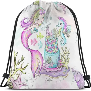 Mermaid Drawstring Bags Backpack Bag Seahorse Coral Sea Fish Fish Shell Birthday Cake Bubble Ocean Theme Sport Gym Sack Drawstring Bag String Bag Yoga Bag for Men Women