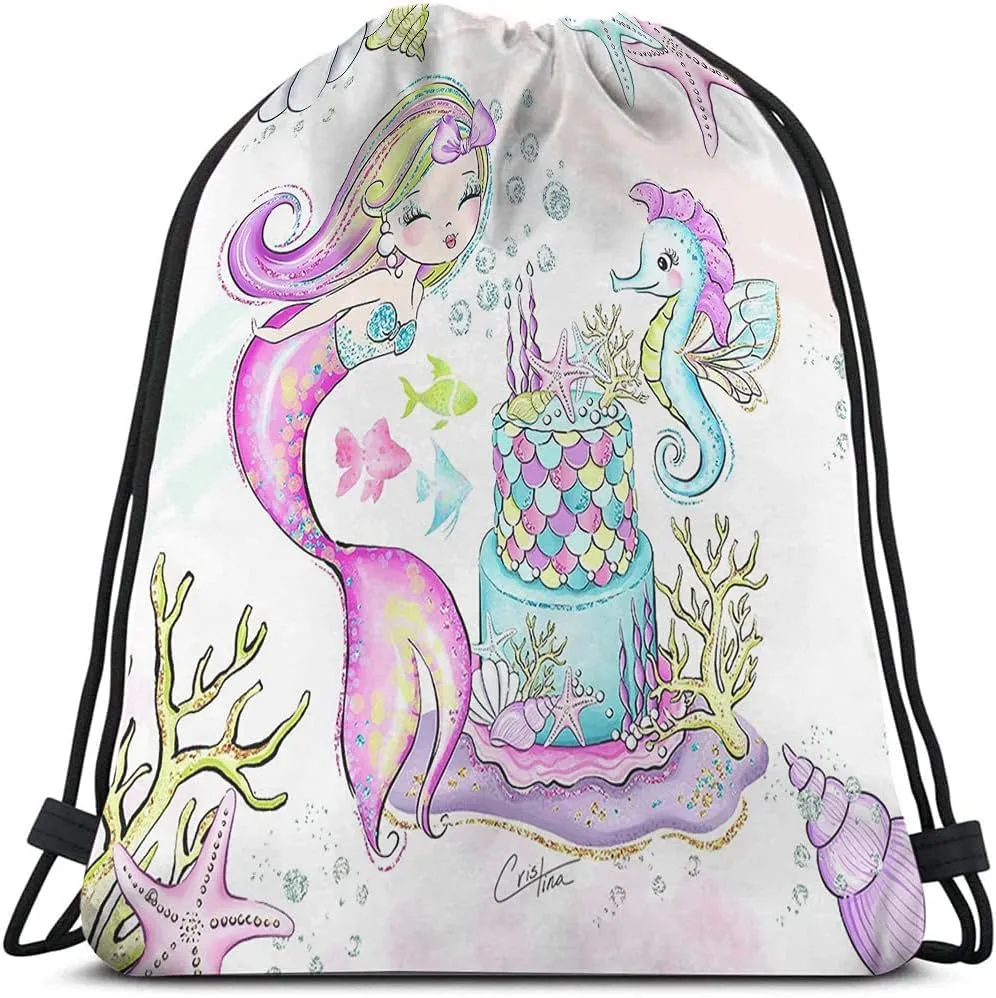 Mermaid Drawstring Bags Backpack Bag Seahorse Coral Sea Fish Fish Shell Birthday Cake Bubble Ocean Theme Sport Gym Sack Drawstring Bag String Bag Yoga Bag for Men Women