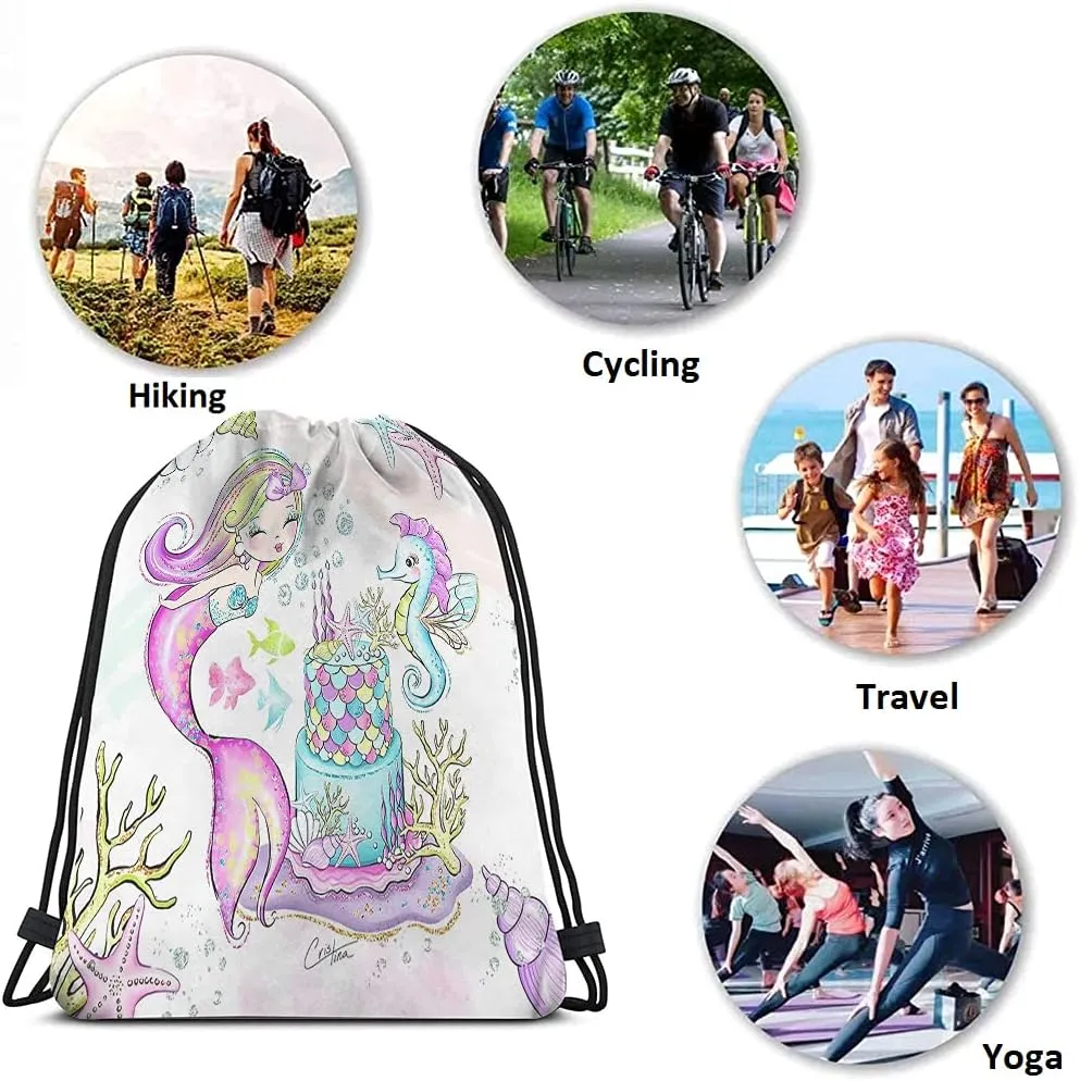 Mermaid Drawstring Bags Backpack Bag Seahorse Coral Sea Fish Fish Shell Birthday Cake Bubble Ocean Theme Sport Gym Sack Drawstring Bag String Bag Yoga Bag for Men Women