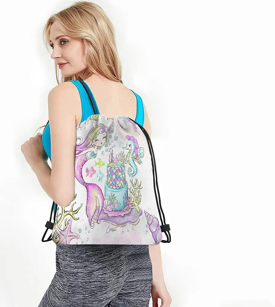 Mermaid Drawstring Bags Backpack Bag Seahorse Coral Sea Fish Fish Shell Birthday Cake Bubble Ocean Theme Sport Gym Sack Drawstring Bag String Bag Yoga Bag for Men Women