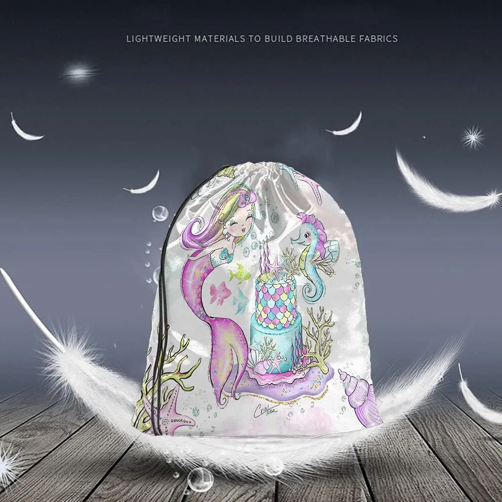 Mermaid Drawstring Bags Backpack Bag Seahorse Coral Sea Fish Fish Shell Birthday Cake Bubble Ocean Theme Sport Gym Sack Drawstring Bag String Bag Yoga Bag for Men Women