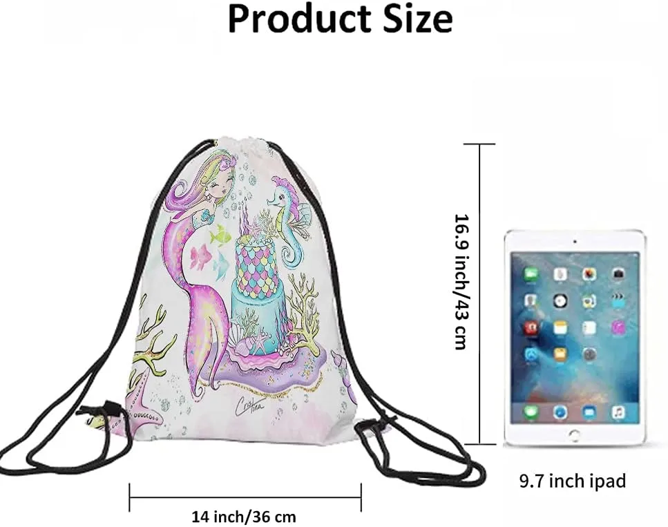 Mermaid Drawstring Bags Backpack Bag Seahorse Coral Sea Fish Fish Shell Birthday Cake Bubble Ocean Theme Sport Gym Sack Drawstring Bag String Bag Yoga Bag for Men Women