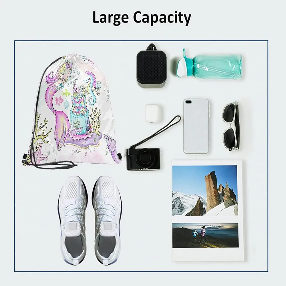 Mermaid Drawstring Bags Backpack Bag Seahorse Coral Sea Fish Fish Shell Birthday Cake Bubble Ocean Theme Sport Gym Sack Drawstring Bag String Bag Yoga Bag for Men Women
