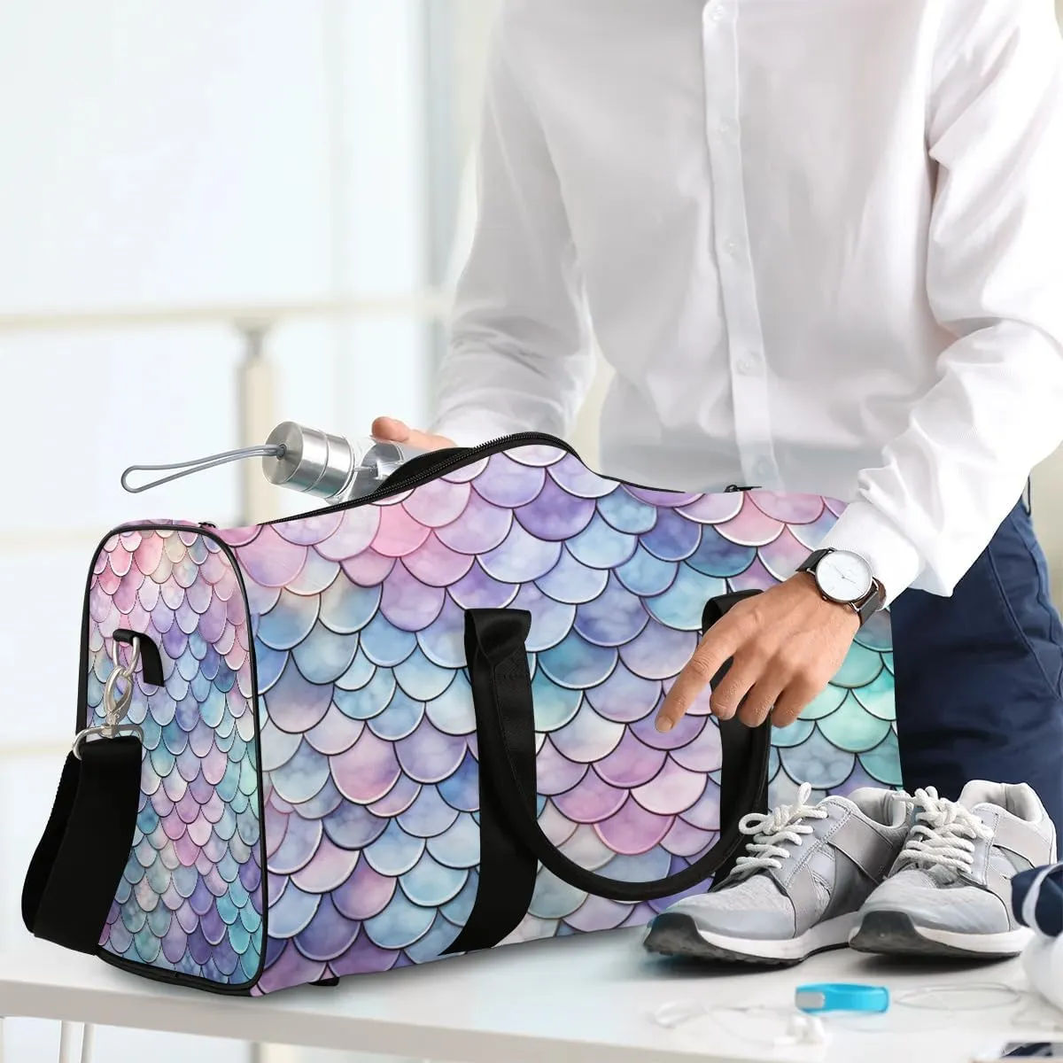 Mermaid Fish Scale Travel Duffel Bag for Women Men Waterproof Foldable Overnight Weekender Bag Large Capacity Sports Gym Bag