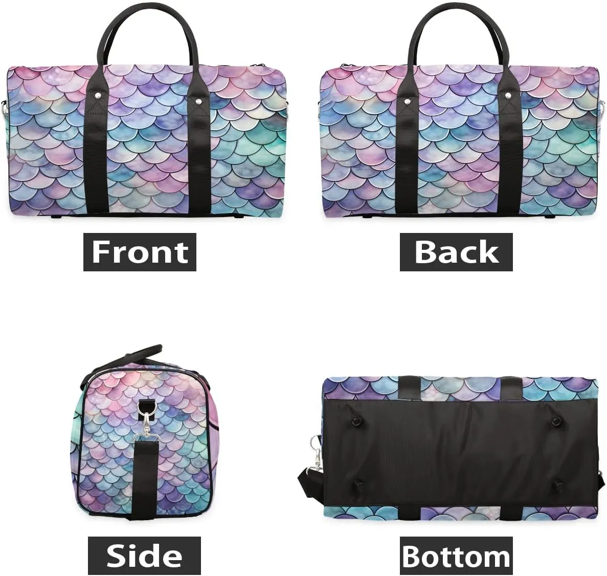 Mermaid Fish Scale Travel Duffel Bag for Women Men Waterproof Foldable Overnight Weekender Bag Large Capacity Sports Gym Bag
