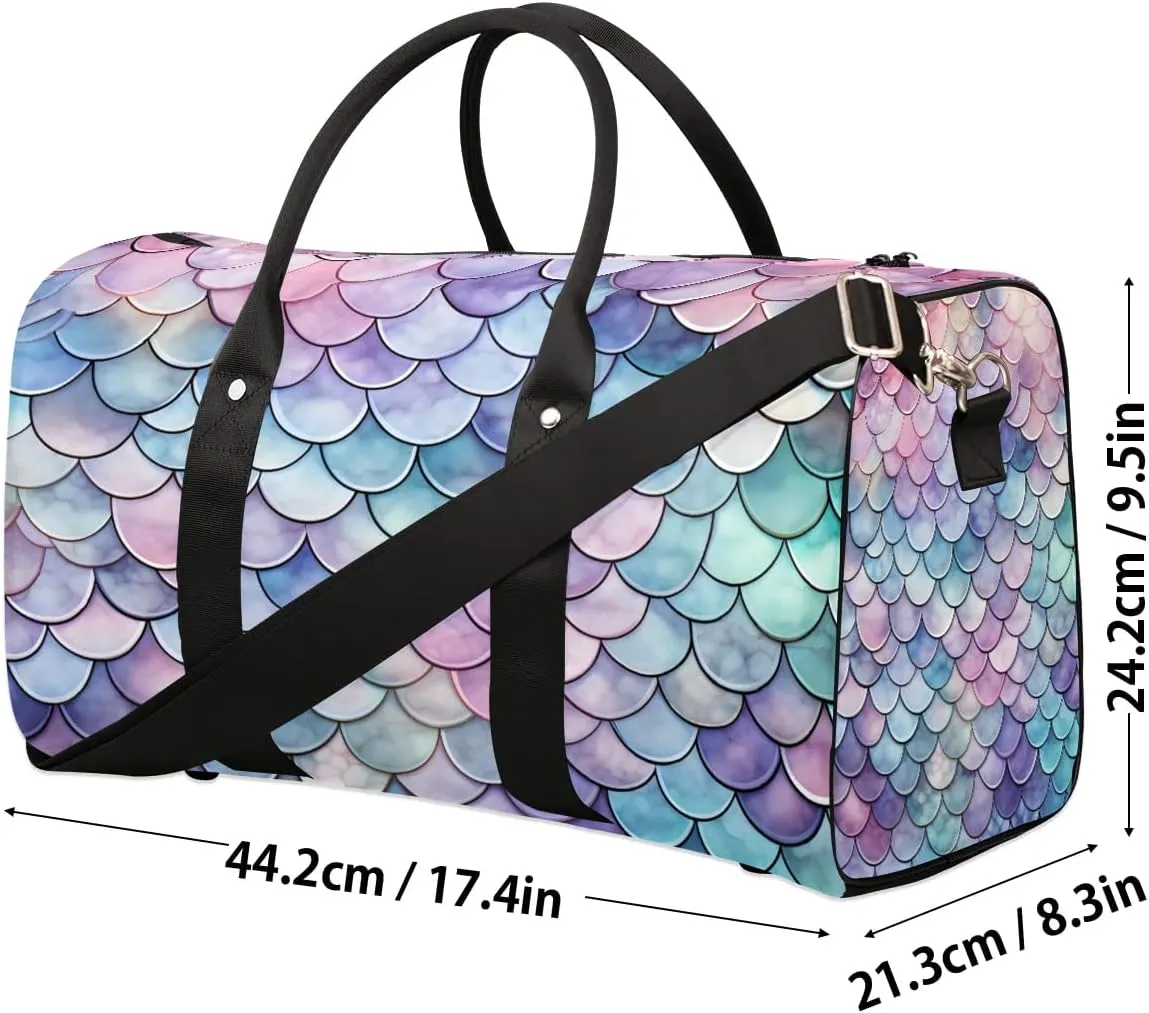 Mermaid Fish Scale Travel Duffel Bag for Women Men Waterproof Foldable Overnight Weekender Bag Large Capacity Sports Gym Bag