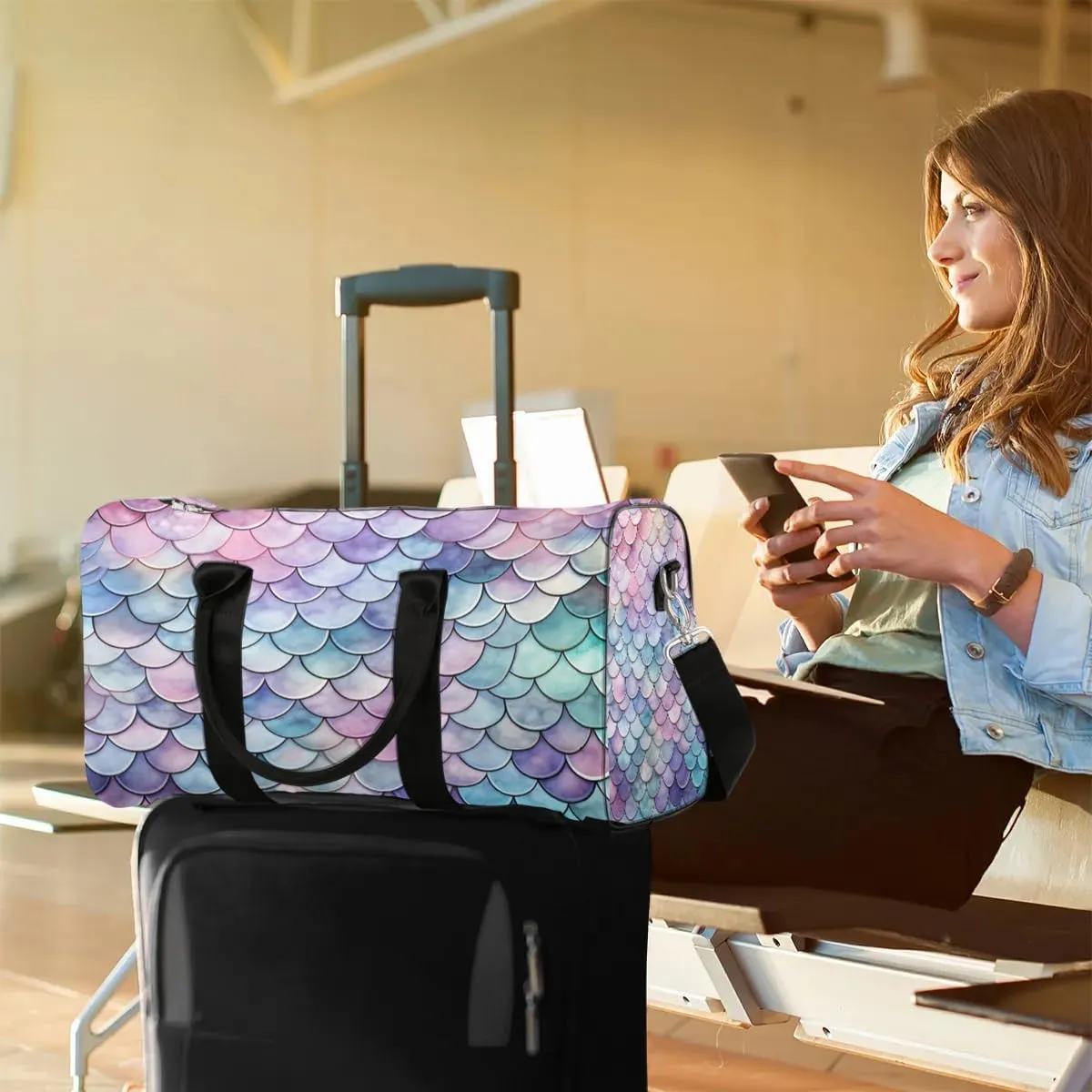 Mermaid Fish Scale Travel Duffel Bag for Women Men Waterproof Foldable Overnight Weekender Bag Large Capacity Sports Gym Bag