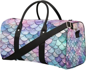Mermaid Fish Scale Travel Duffel Bag for Women Men Waterproof Foldable Overnight Weekender Bag Large Capacity Sports Gym Bag