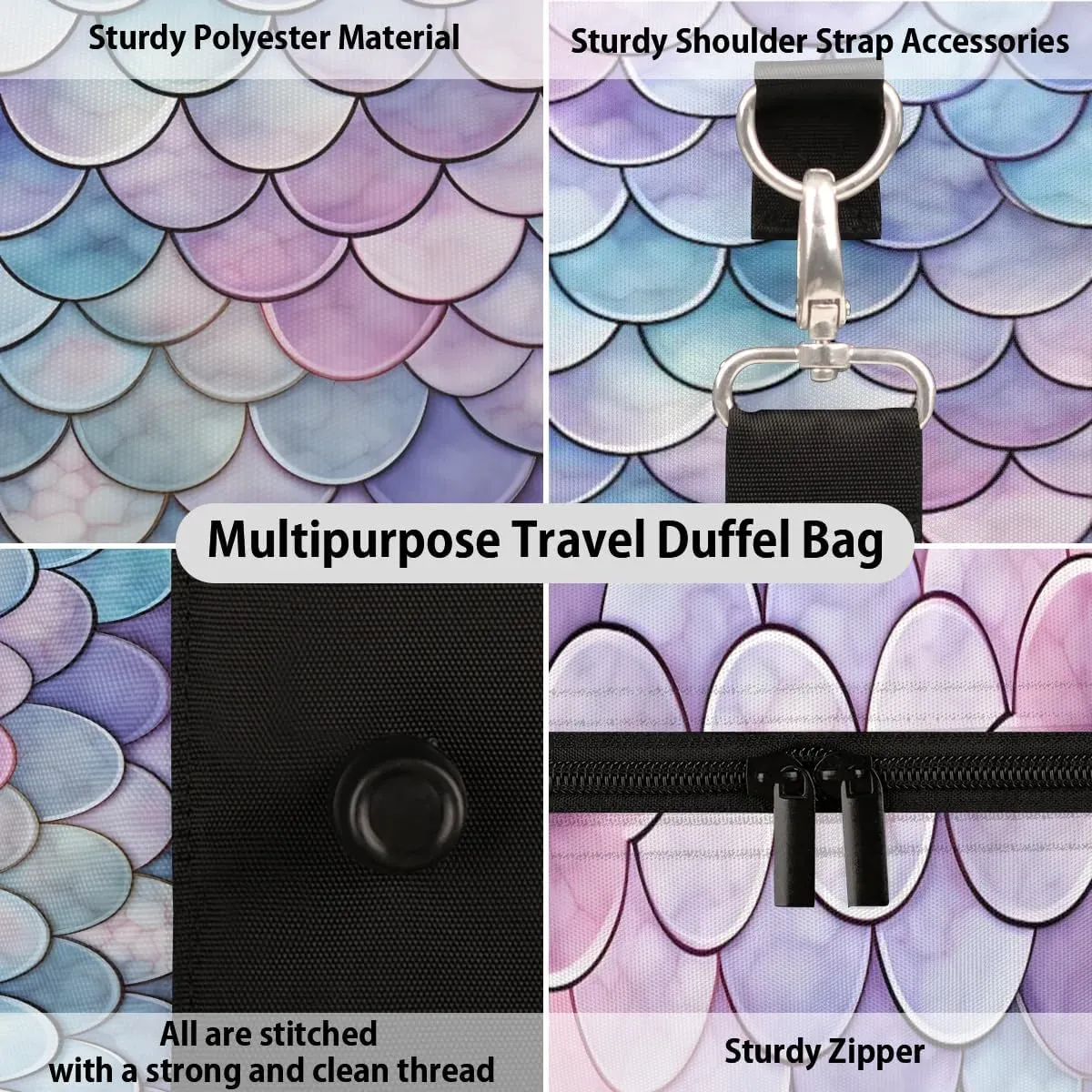 Mermaid Fish Scale Travel Duffel Bag for Women Men Waterproof Foldable Overnight Weekender Bag Large Capacity Sports Gym Bag
