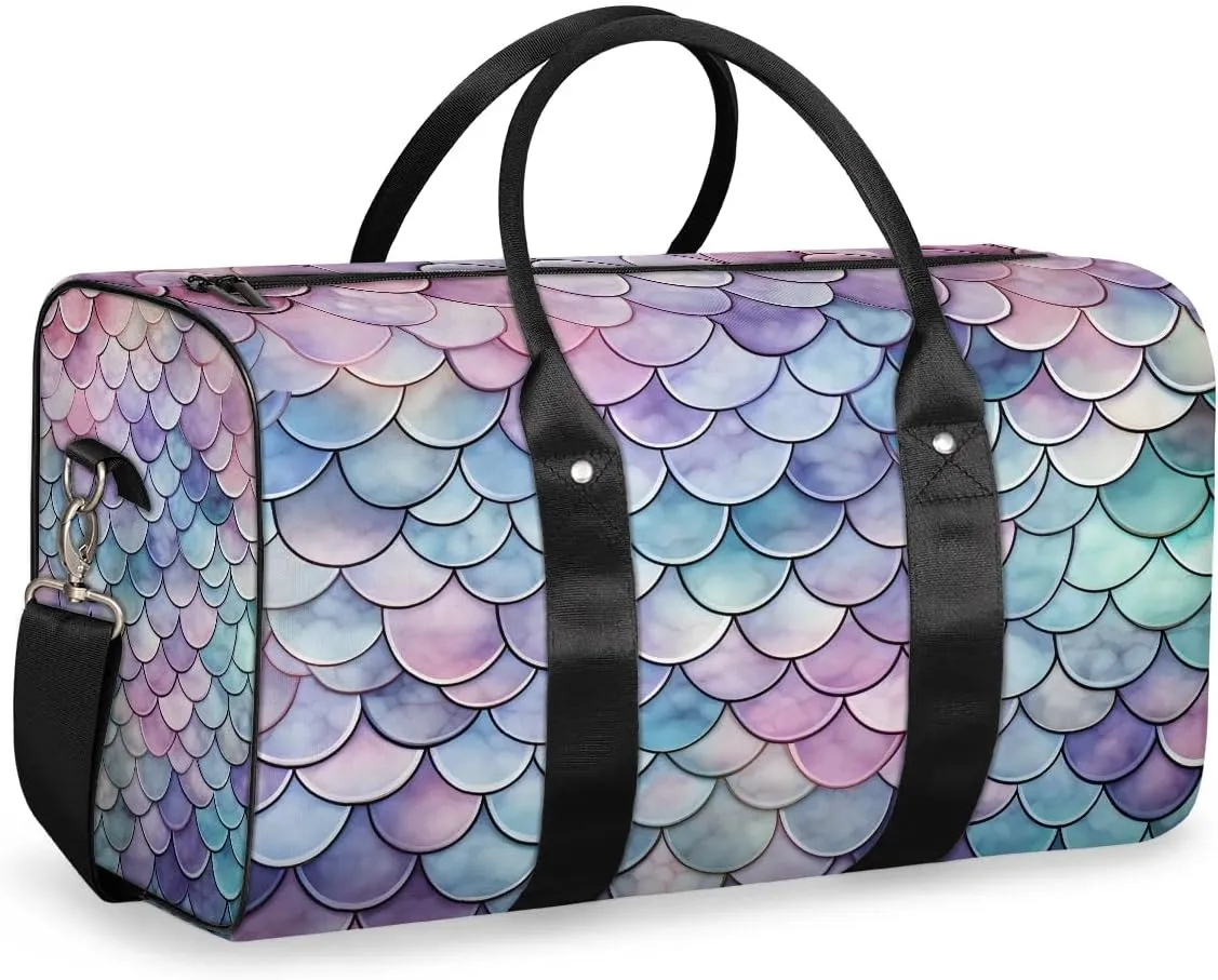 Mermaid Fish Scale Travel Duffel Bag for Women Men Waterproof Foldable Overnight Weekender Bag Large Capacity Sports Gym Bag