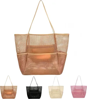 Mesh Women Beach Bag ，Beach Bag with Mini Pocket，Summer Mesh Hollow Shoulder Travel Bag Foldable Design for Pool