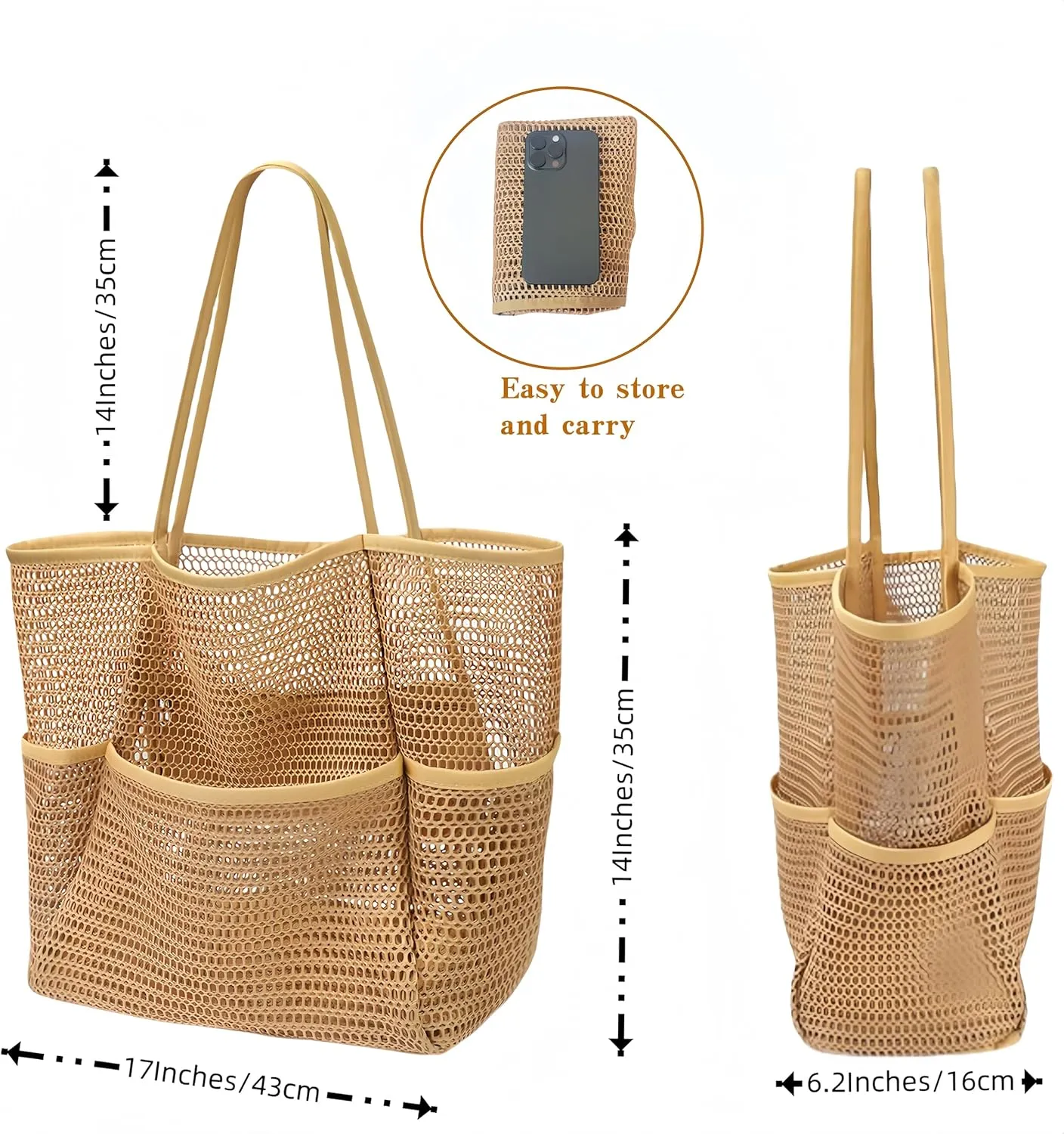 Mesh Women Beach Bag ，Beach Bag with Mini Pocket，Summer Mesh Hollow Shoulder Travel Bag Foldable Design for Pool