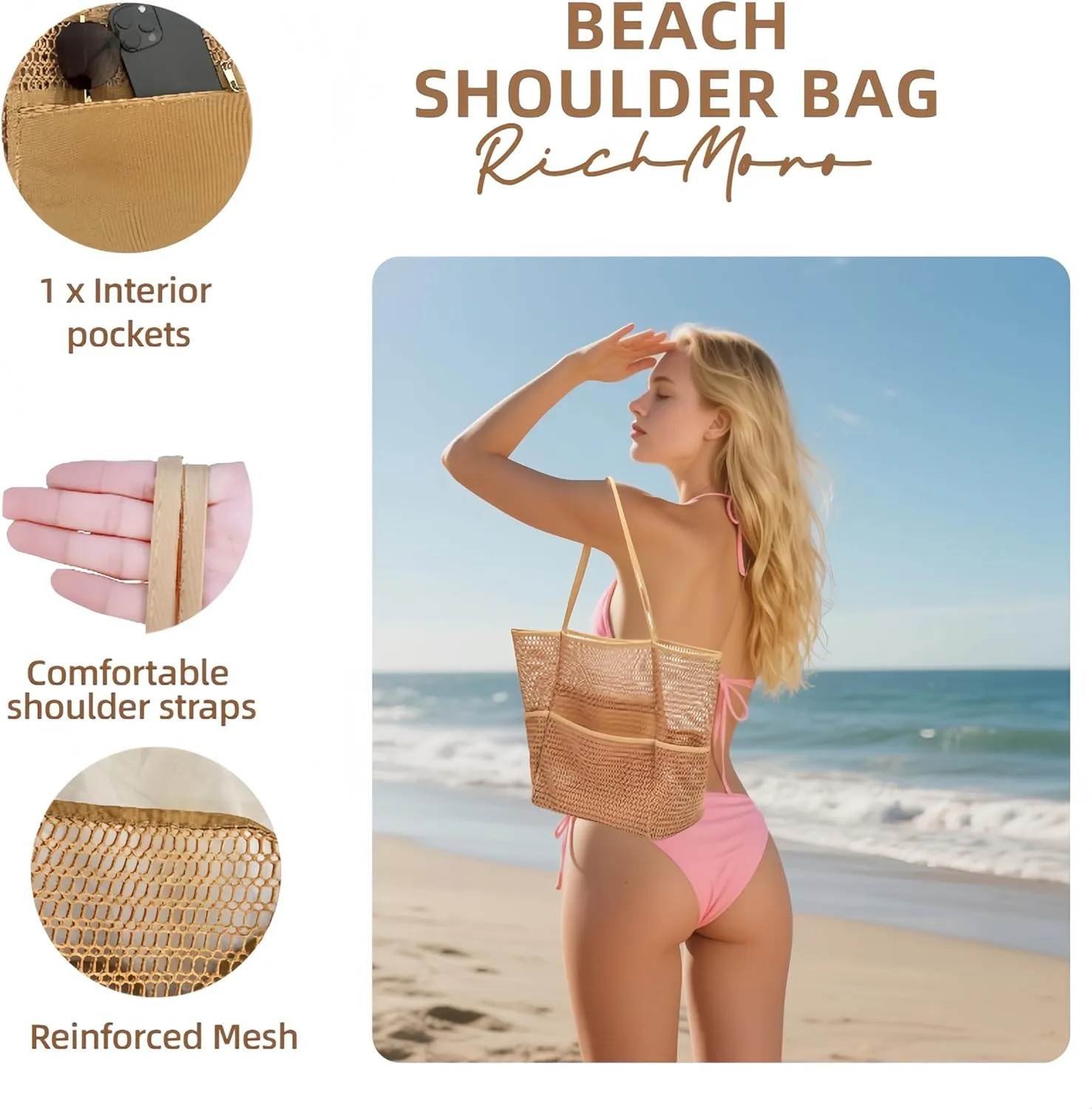 Mesh Women Beach Bag ，Beach Bag with Mini Pocket，Summer Mesh Hollow Shoulder Travel Bag Foldable Design for Pool