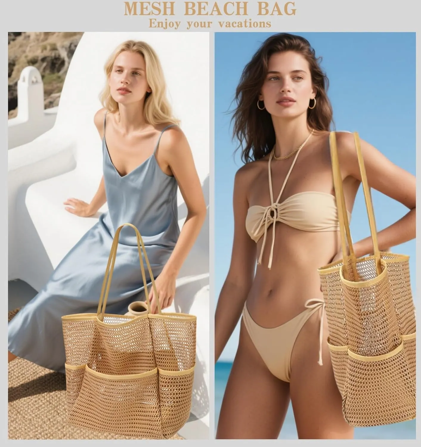 Mesh Women Beach Bag ，Beach Bag with Mini Pocket，Summer Mesh Hollow Shoulder Travel Bag Foldable Design for Pool