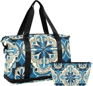Mexican Blue Talavera Versatile Sports Travel Bag - Lasting Twill Tote, Removable Wheel & Rod Bagging, Multi-pocket Design, Complimentary Makeup Bag