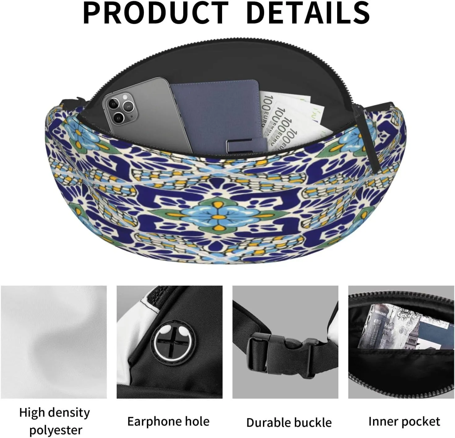 Mexican Talavera Ceramic Tiles Waist Packs Unisex Adjustable Shoulder Strap Messenger Bag Sports Travel Running Leisure Waist Bag