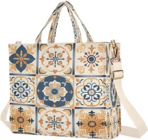 Mexican Talavera Tile Florals Corduroy Tote Bag for Women Shoulder Handbag with Adjustable Detachable Strap and Pockets for Women Unique Gifts